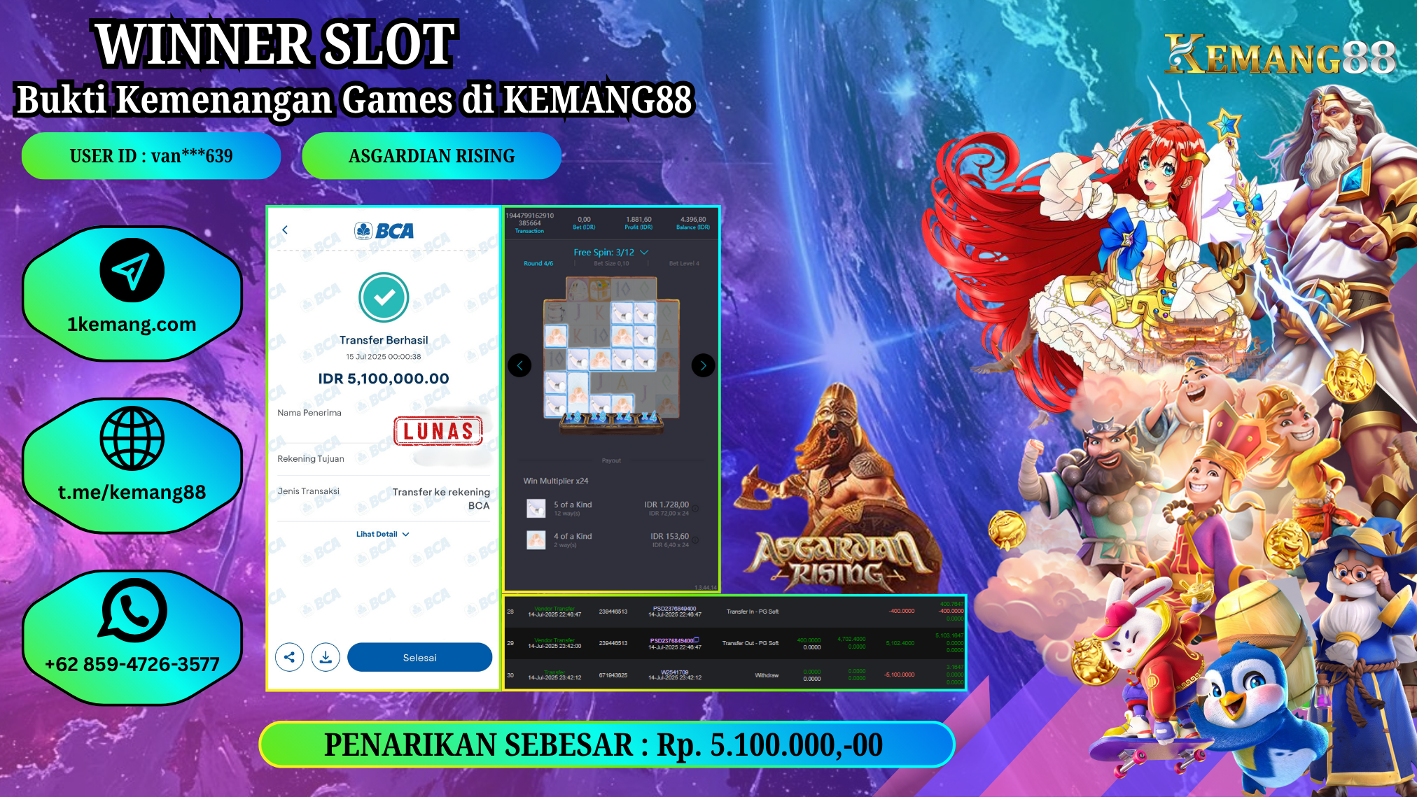 KEMANG88 [15 JULY 2025] : JACKPOT SLOT :  ASGARDIAN RISING [PG]  Rp.5.100.000.,- LUNAS